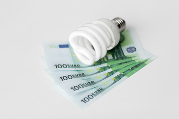 Image showing close up of energy saving lightbulb and euro money