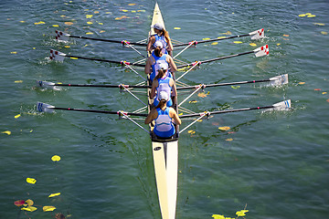 Image showing Women's quadruple rowing team on green lake