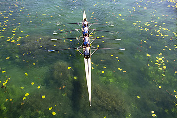 Image showing Women's quadruple rowing team on green lake