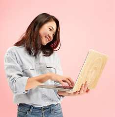 Image showing Businesswoman with laptop. Love to computer concept.