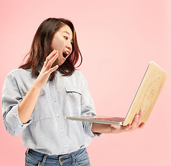 Image showing Businesswoman with laptop. Love to computer concept.