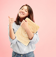 Image showing Businesswoman hugging laptop. Love to computer concept.