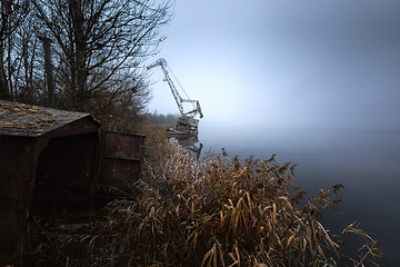 Image showing Rusty old industrial dock cranes at swampland