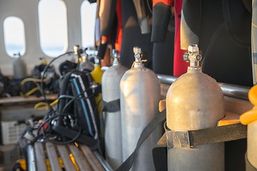 Image showing Scuba gear on the boat drying