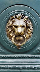 Image showing Doorknocker with head of lion on a green wooden door