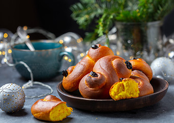 Image showing Bun with saffron, a traditional Swedish lussebulle or lussekatt.