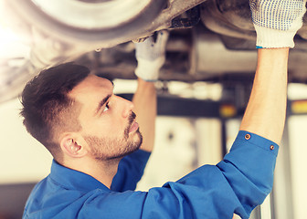 Image showing mechanic man or smith repairing car at workshop