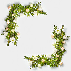 Image showing Square corner frame from boxwood twigs and flowers.