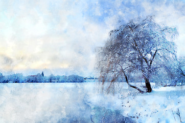 Image showing Winter landscape with a lake and a tree in frost. Stylization in watercolor drawing.