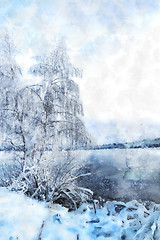 Image showing Winter landscape with a lake and a tree in frost. Stylization in watercolor drawing.
