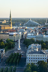 Image showing Old town views to St. Peter\'s Church and the Freedom Monument in Riga.