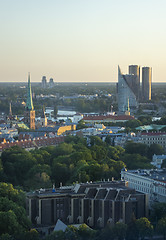 Image showing Cityscape views to historical and modern parts of town Riga, Latvia.