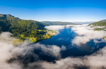 Image showing Aerial Beautiful Nature Norway over the clouds.