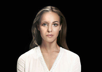 Image showing Comparison. Portrait of beautiful woman with problem and clean skin, aging and youth concept, beauty treatment