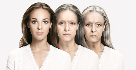 Image showing Comparison. Portrait of beautiful woman with problem and clean skin, aging and youth concept