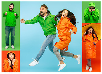 Image showing Collage about young woman and handsome bearded young man on vivid trendy colors at studio