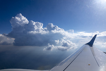 Image showing Wing of aircraft on a background of clear blue sky.