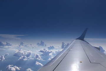 Image showing Wing of aircraft on a background of clear blue sky.