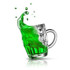 Image showing Green alcoholic drink splash in a beer mug on a white.