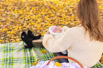 Image showing Mom crouched down on a picnic in the autumn park with the baby