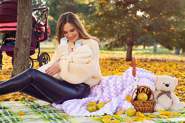 Image showing Mom with newborn baby on a picnic in the autumn park, next to stands a stroller