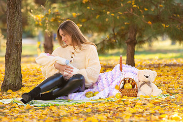 Image showing Mom and baby on a picnic in the city park in the autumn