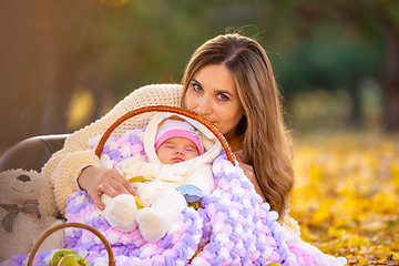 Image showing The mother lay down at the baby in the basket, and looked into the frame