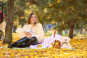 Image showing Mom sits on a picnic in the autumn park, holding a newborn baby in her arms