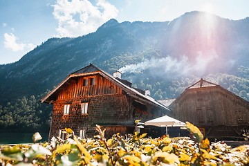 Image showing Beautiful view of traditional wooden boat house at the shores of famous Lake Obersee in scenic Nationalpark Berchtesgadener Land