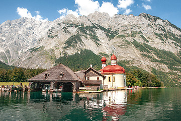 Image showing Classic panoramic view of Lake Konigssee with world famous Sankt Bartholomae pilgrimage church