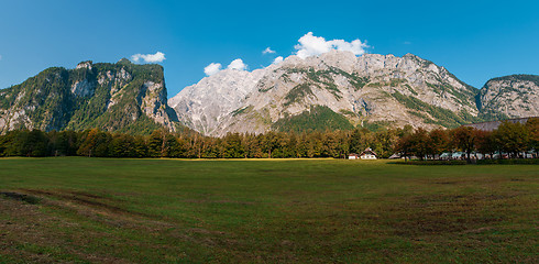 Image showing Idyllic landscape in the Alps with fresh green meadows and blooming flowers and snowcapped mountain tops in the background