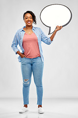 Image showing happy african american woman holding speech bubble