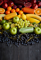 Image showing Healthy food concept. Various mixed fruits, vegetables and juice