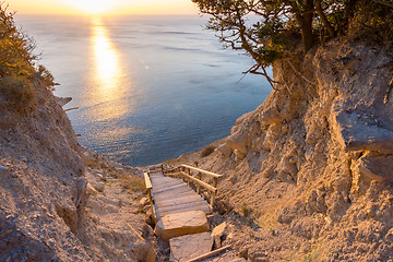 Image showing Landscape, a staircase from the mountain descends to the sea