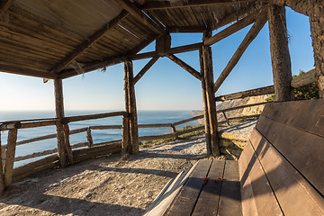 Image showing View from the hut to the rocky shore of the sea