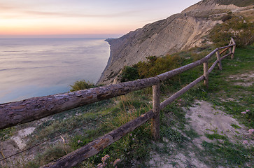 Image showing A fence of tree trunks on the edge of a cliff on a rocky sea coast