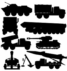 Image showing Vector illustration silhouette military cars with rocket and tank