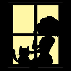 Image showing Girl and cat silhouettes in window in the night