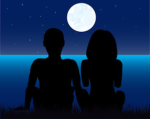 Image showing Man and woman moon in the night beside water