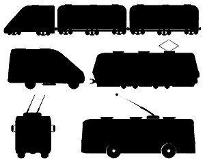 Image showing Public transport train and tram with trolley bus black silhouettes