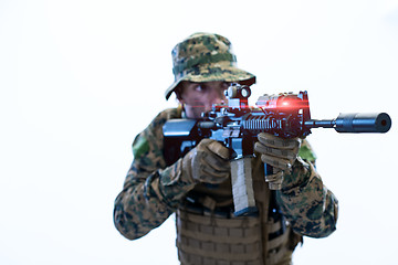 Image showing soldier in action aiming laseer sight optics