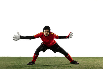 Image showing Arabian female soccer or football player, goalkeeper on white studio background