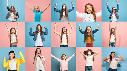 Image showing Portrait of caucasian teen girls on multicolored background