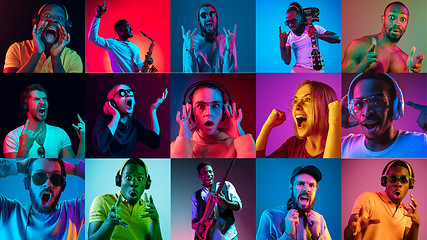 Image showing Portrait of multiethnic group on multicolored background in neon light