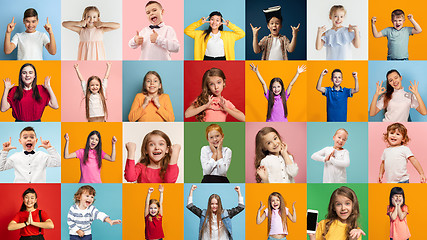 Image showing Portrait of caucasian kids on multicolored background