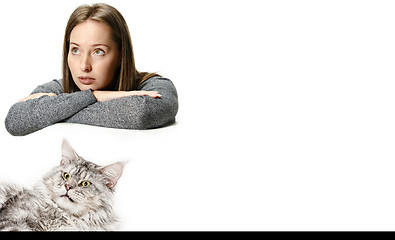 Image showing Woman with her cat over white background