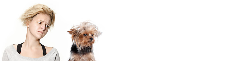 Image showing Woman with her dog on leash over white background