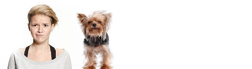 Image showing Woman with her dog on leash over white background