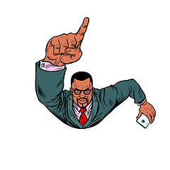 Image showing African businessman with a smartphone index finger up. Flying like a superhero