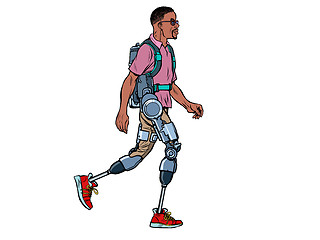 Image showing exoskeleton for the disabled. african man legless veteran walks. rehabilitation treatment recovery. science and technology